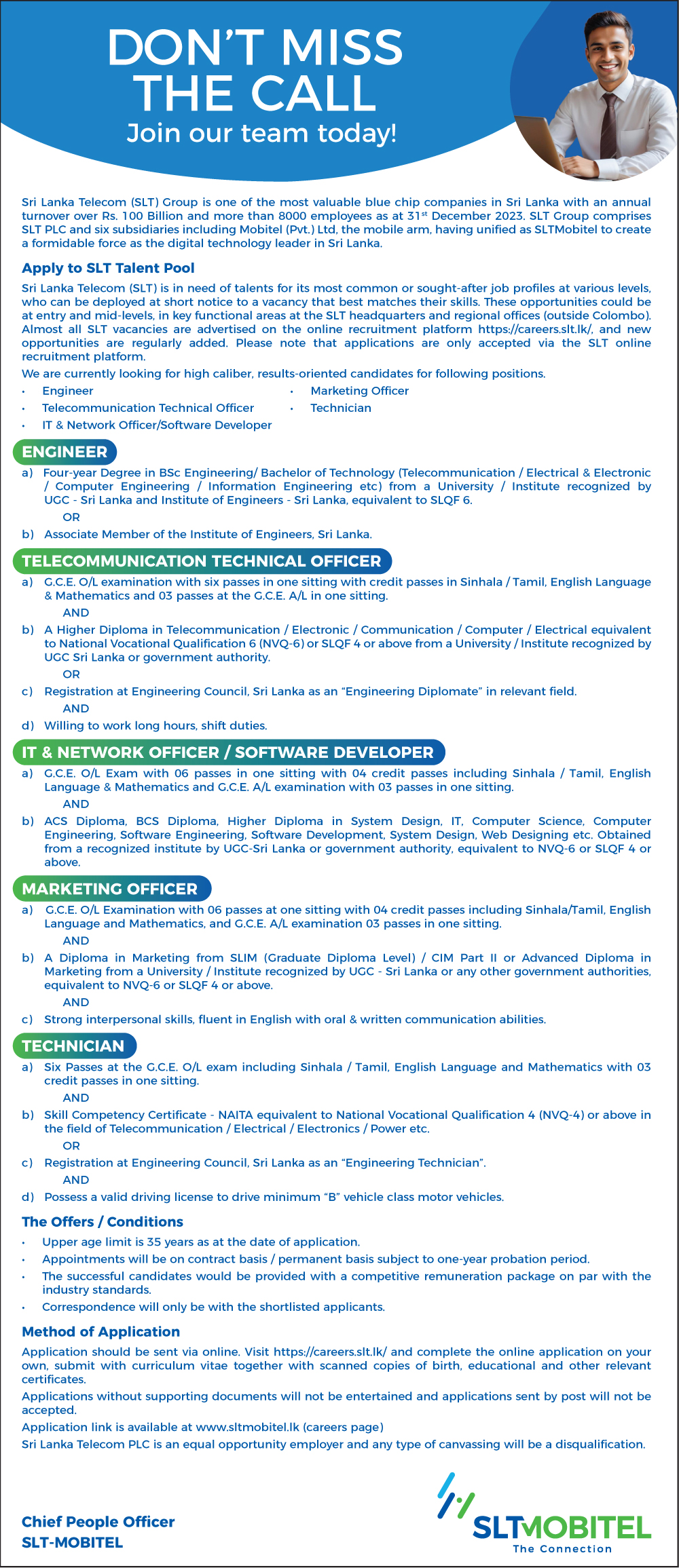 Job Vacancies at Sri Lanka Telecom PLC (SLT-Mobitel) – 2025